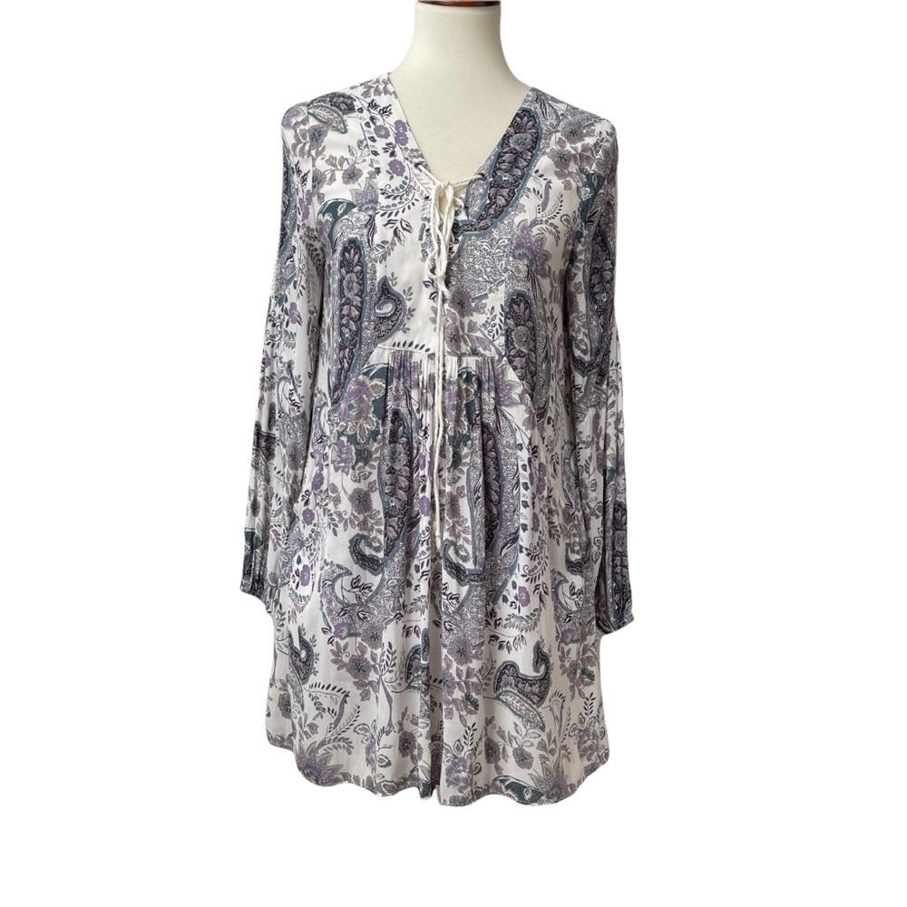 Free People Rain Or Shine Lace Up Long Sleeve Mini Dress Ivory Comb Size Small - Picture 10 of 11